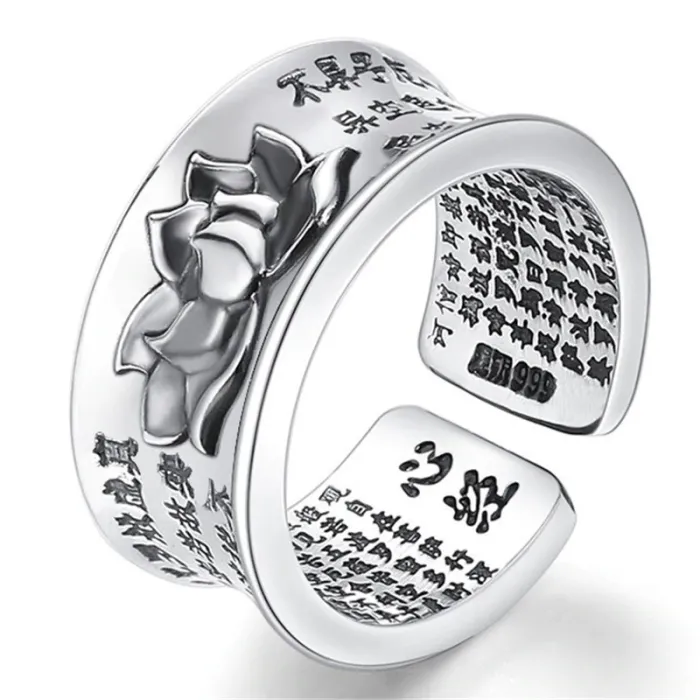 Buddhismus Herz Sutra & Lotus - Ring - veränderbar - 925 Sterling Silber