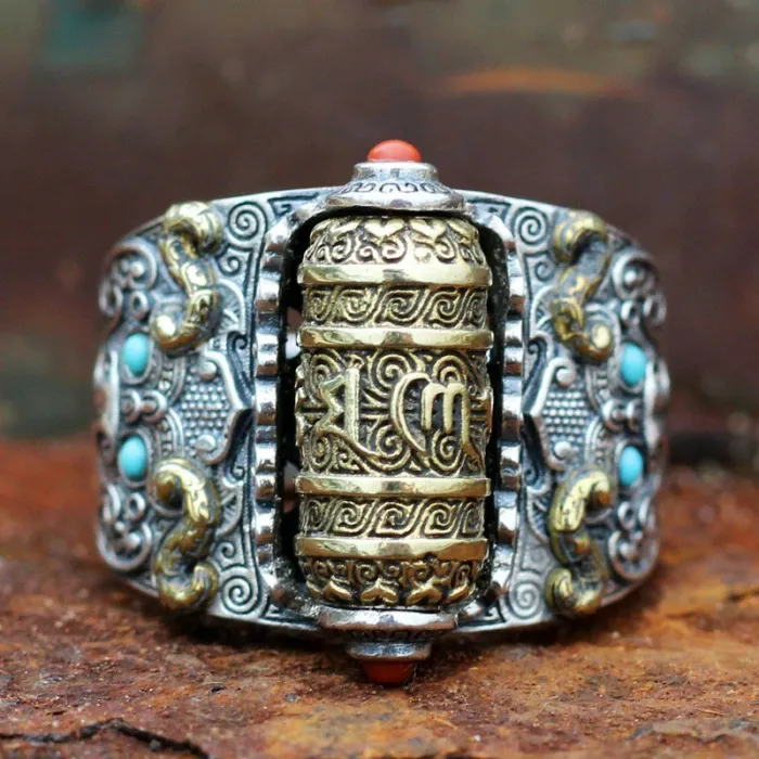 Buddhist mantra - ring - with colourful beads - resizable - 925 sterling silverRings