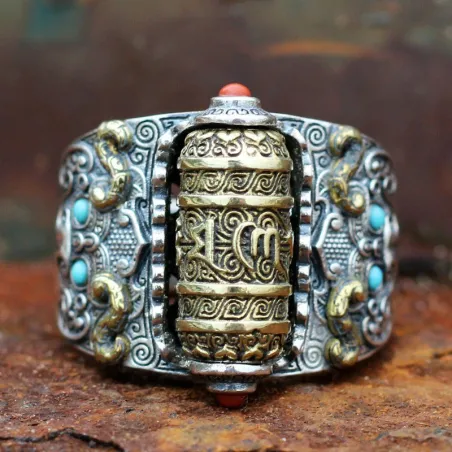 Buddhistischer Mantra - Ring - mit bunten Perlen - veränderbar - 925er Sterlingsilber
