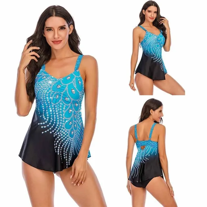 Langes Top-Bikini-Set - Pfauenfederdruck
