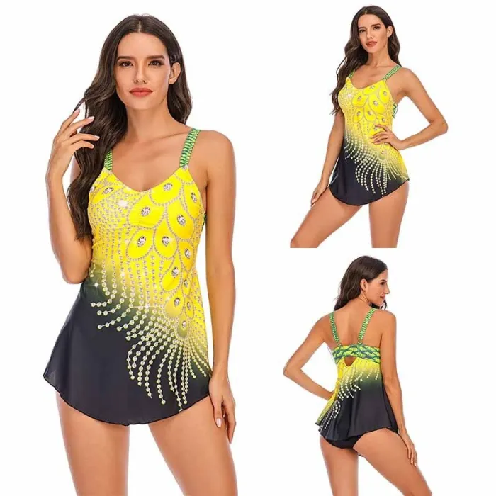 Langes Top-Bikini-Set - Pfauenfederdruck