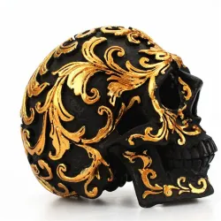 Black skull head - with golden carvings - resin statueHalloween & Party