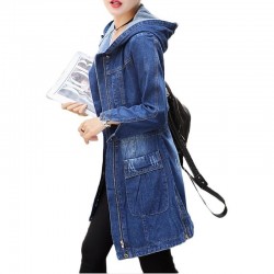 Trendy Denim lange Jacke - mit Kapuze - Reißverschlusstaschen