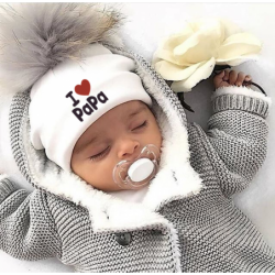 I Love Mama & Papa - warme Baumwollmütze mit Bommel - für Neugeborene / Kinder