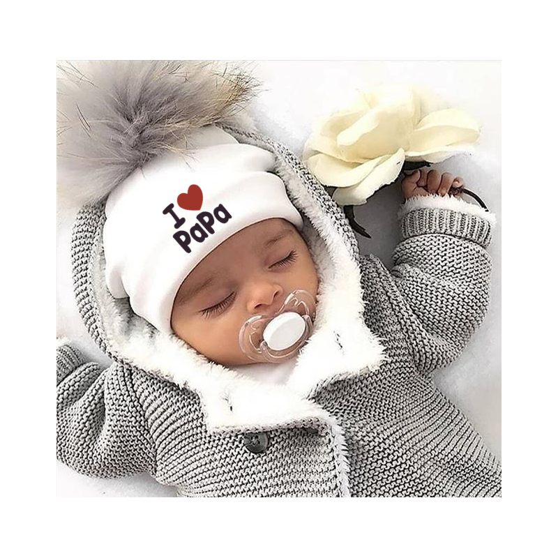 I Love Mama & Papa - warme Baumwollmütze mit Bommel - für Neugeborene / Kinder