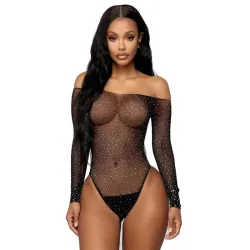 Sexy Netz - durchsichtiger Body - lange Ärmel - schulterfrei - mit Strasssteinen