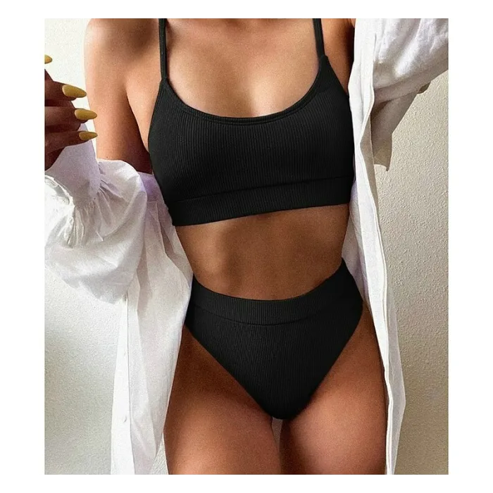 Sexy geripptes Bikini-Set - hohe Taille