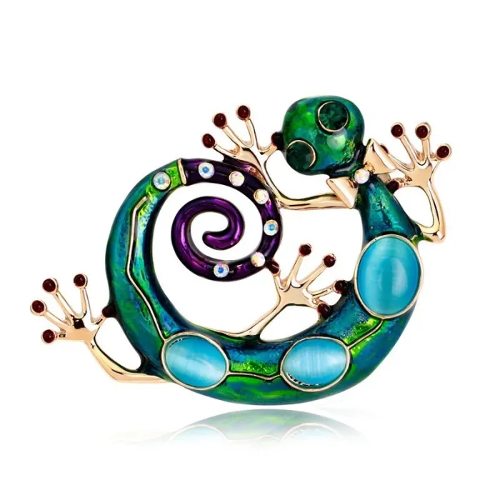 Großer blauer Emaille Gecko - Kristallbrosche