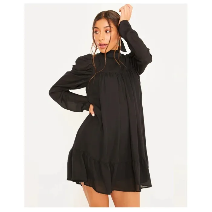 Elegantes lockeres Minikleid - Puffärmel - Rollkragen mit Rüschen