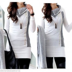 Weißer langer Pullover - hoher Kragen - lange Ärmel - mit Metallverzierungen