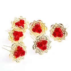 Goldene Haarnadeln mit roten Rosen - 30 Stück
