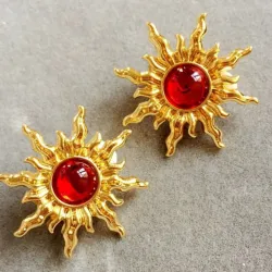Vintage Ohrringe in Sonnen- / Sonnenblumenform - mit roter Perle