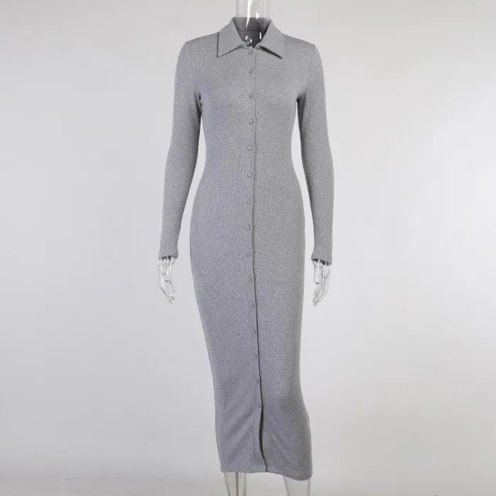 Fashionable button up dress - ankle length - long sleeve - v-neckDresses