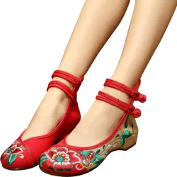 Sandalen im chinesischen Stil - Segeltuchschuhe mit Schnalle - bestickte Hibiskusblüten