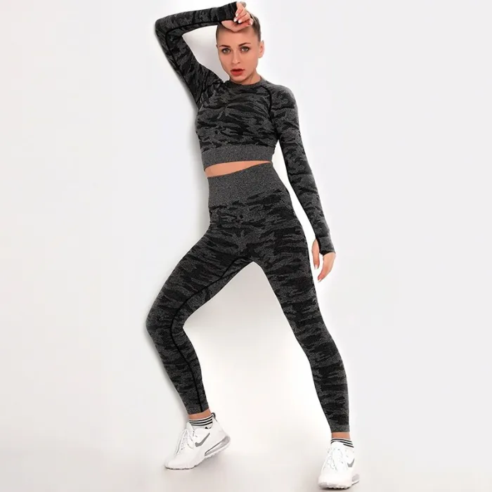 Camouflage Fitness Set - Nahtlos - Langarmshirt / Leggings