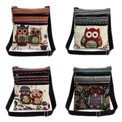 Mini vintage shoulder bag - with zippers - embroidery owlsBags