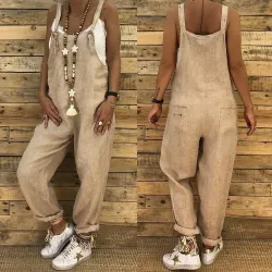 Vintage linen jumpsuit - lace up straps - loose - wide legJumpsuits