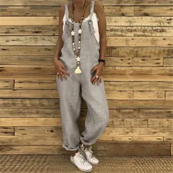 Vintage linen jumpsuit - lace up straps - loose - wide legJumpsuits