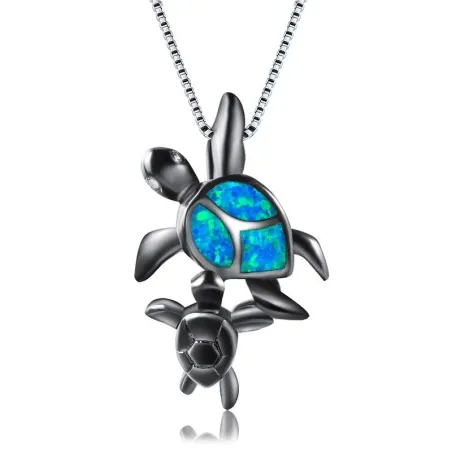 Vintage silver necklace - opal stone - mom & baby turtle pendantNecklaces