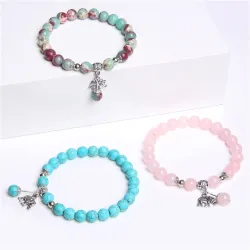 Modisches Armband mit Elefant - Naturstein - Chalcedon / Türkis / Shoushanstein / Malachit / Quarz
