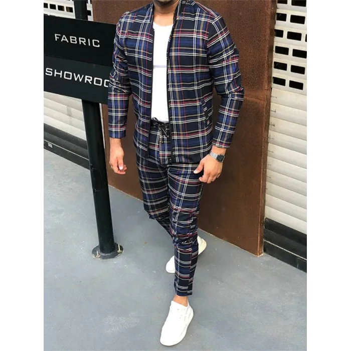 Trendiges Herren Karo-Set - Strickjacke mit Reißverschluss / Stehkragen / lange Hose - Slim Fit