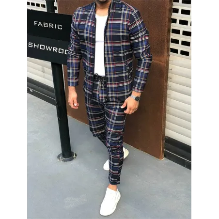 Trendiges Herren Karo-Set - Strickjacke mit Reißverschluss / Stehkragen / lange Hose - Slim Fit