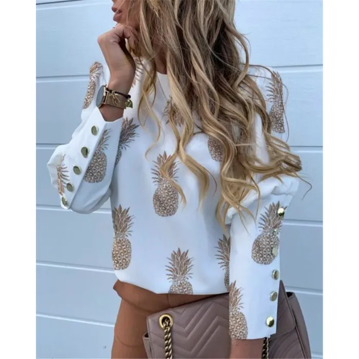 Elegante lockere Bluse - Langarmshirt - mit Zierknöpfen - Ananas-Print