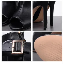 Sexy High Heel Stiefel - mit Metallschnalle - offene Spitze