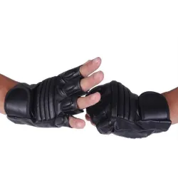 Schwarze Lederhandschuhe - Fitness / Fitnessstudio / Radfahren - halber Finger