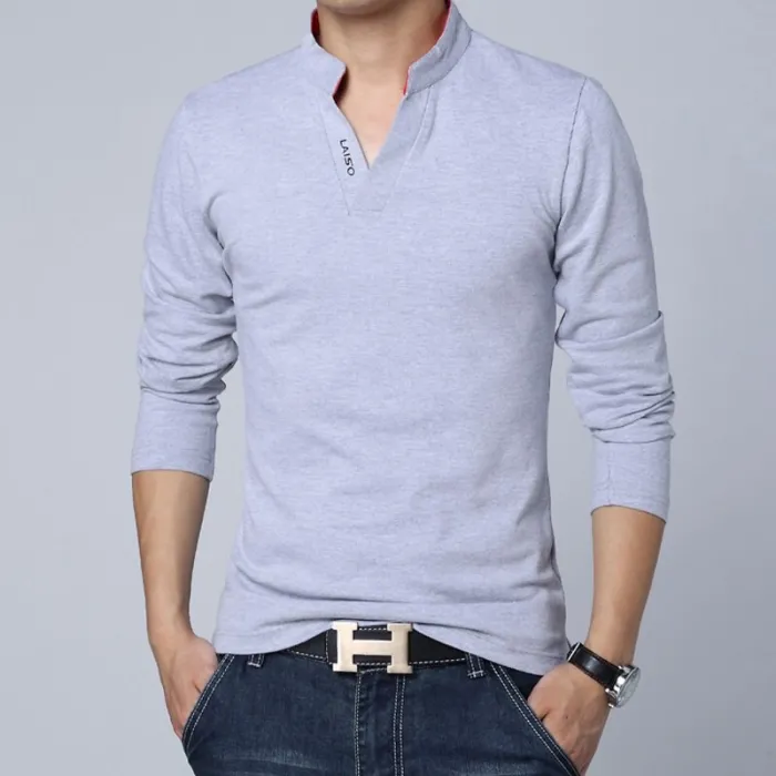 Classic elegant t-shirt - with mandarin collar - long sleeve - slim fit - cottonT-shirts
