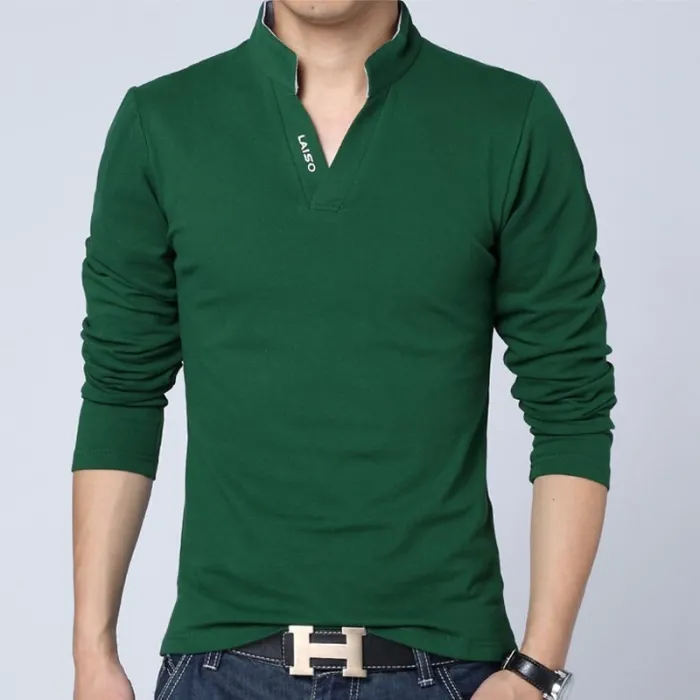Classic elegant t-shirt - with mandarin collar - long sleeve - slim fit - cottonT-shirts