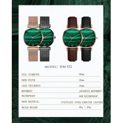 Luxuriöse Uhr mit grünem Stein - Edelstahl / Leder