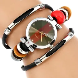 Gnova - Platin Quarzuhr - mit dreilagigem Echtlederarmband