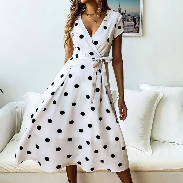 Vintage Polka Dot Kleid - Kurzarm - V-Ausschnitt