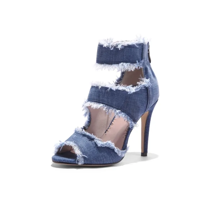 Denim-Sandalen mit hohem Absatz - mit Reißverschluss hinten