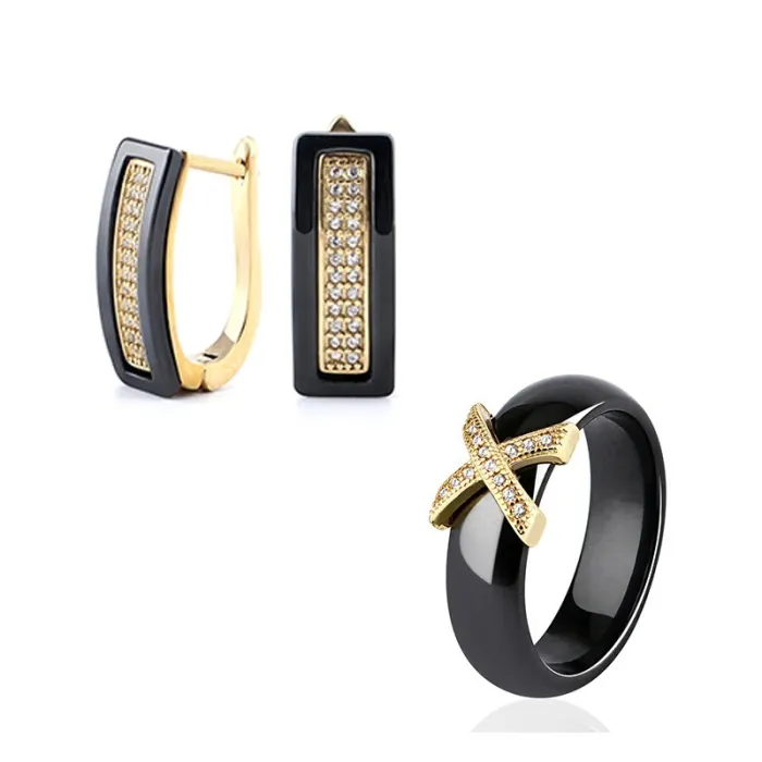 Elegantes Schmuckset - mit Kristallen / Keramik - Ohrringe / Ring