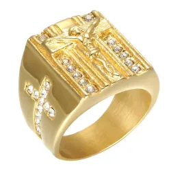 Luxuriöser Goldring - mit Jesus / Kreuz / weißer Zirkonia - unisex