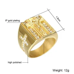 Luxuriöser Goldring - mit Jesus / Kreuz / weißer Zirkonia - unisex