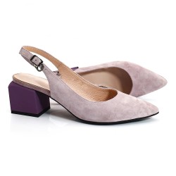 Elegant summer sandals - slingback pumps - suede / leather - thick heel