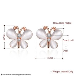 Rose gold stud earrings - with crystals / white opal - butterfly shaped