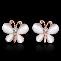 Roségoldene Ohrstecker - mit Kristallen / weißer Opal - Schmetterlingsform
