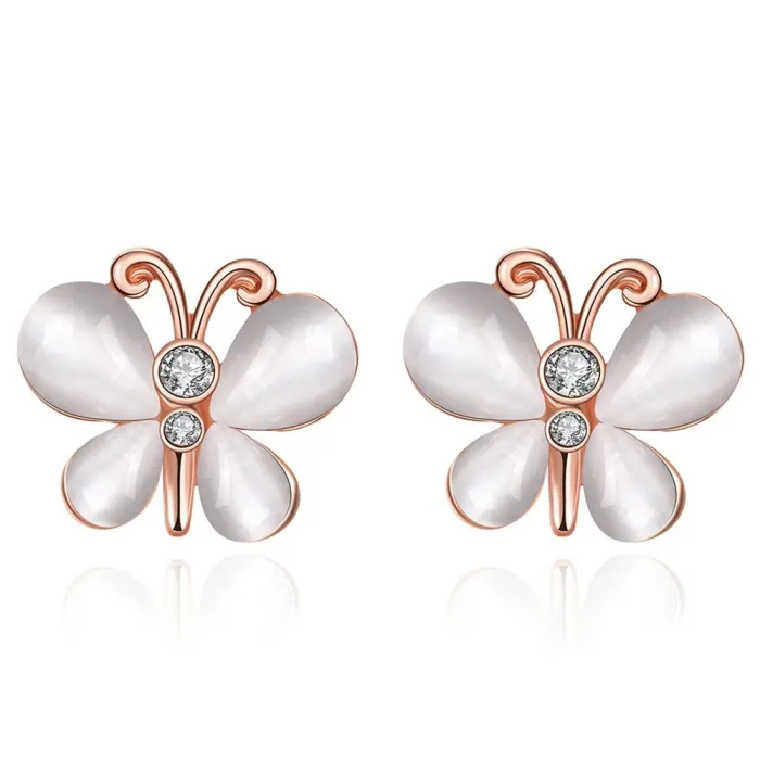 Roségoldene Ohrstecker - mit Kristallen / weißer Opal - Schmetterlingsform