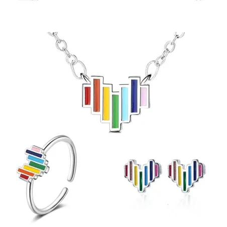 Regenbogen-Schmuckset - Herzform - Halskette / Ohrringe / Ring - 925er Sterlingsilber