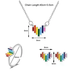 Regenbogen-Schmuckset - Herzform - Halskette / Ohrringe / Ring - 925er Sterlingsilber