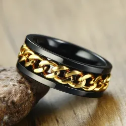 Schwarzer Ring - mit drehbarer Goldkette - Unisex - Edelstahl