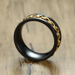 Black ring - with rotatable gold chain - unisex - stainless steelRings