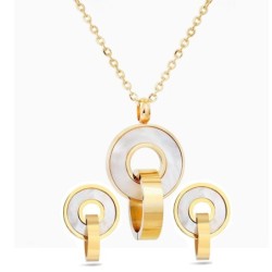 Modisches Goldschmuckset - Muschelanhänger mit doppelten Kreisen - Halskette / Ohrringe
