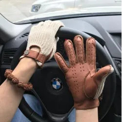 Kurze Autofahrerhandschuhe - Ziegenleder / gestrickt - Unisex