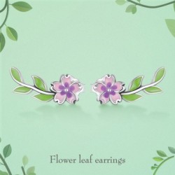 Purple-pink flower /green leaf - elegant earrings - 925 sterling silver