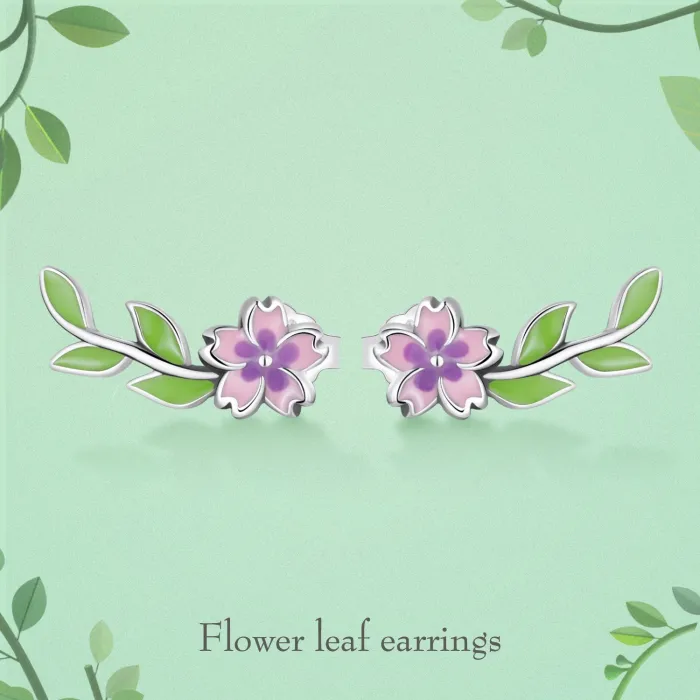 Purple-pink flower /green leaf - elegant earrings - 925 sterling silverEarrings